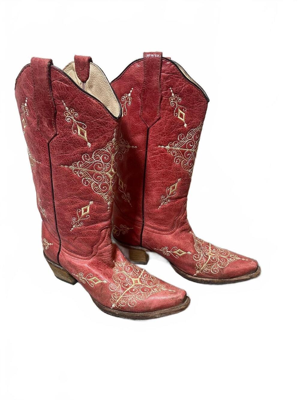 Circle G Red Below the Knee Distressed Embroidered Western Boot Womens size 9